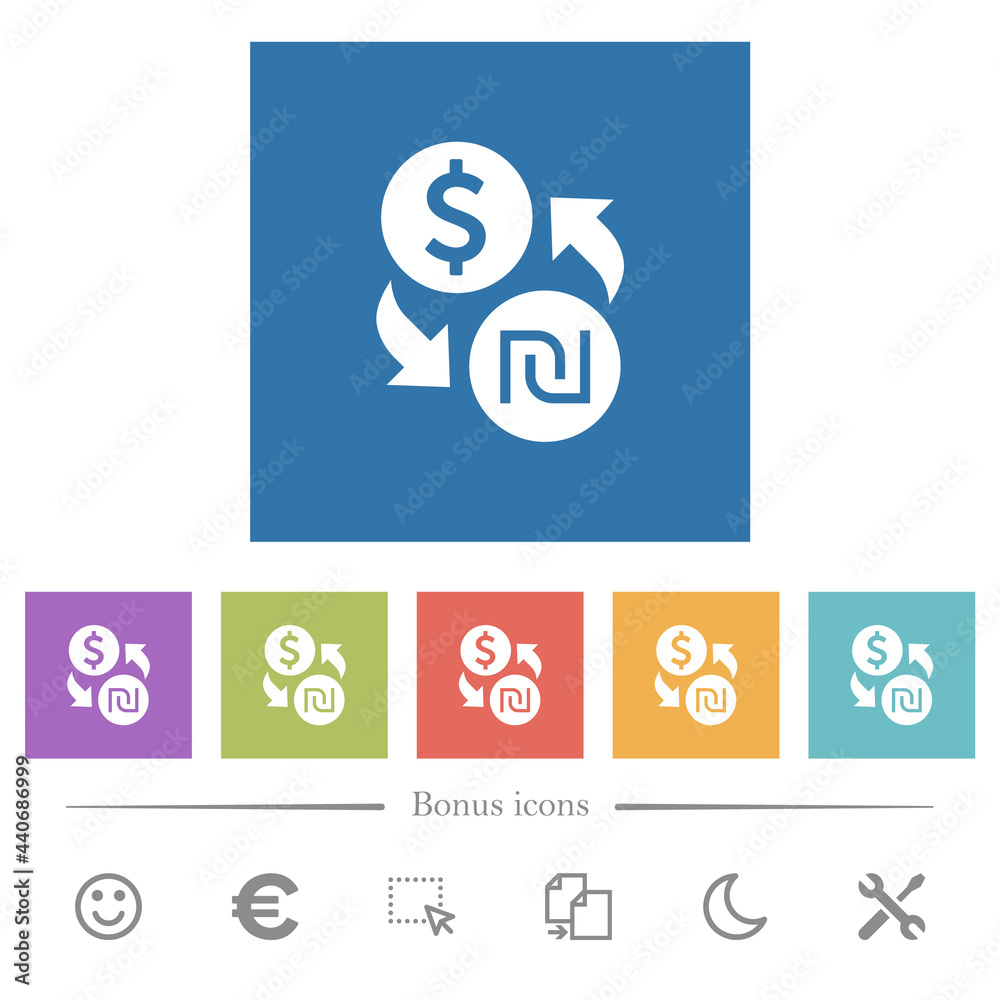 Dollar new Shekel money exchange flat white icons in square backgrounds Dollar new Shekel money exchange flat white icons in square backgrounds