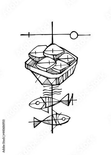 5 breads and two fish christian illustration