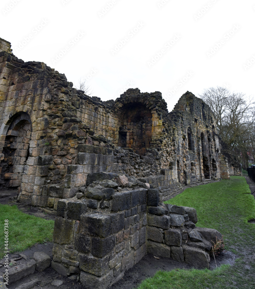 A rainy day at Kirkstall Abbey, Leeds, UK - Beautiful  landscape of the Kirkstall Abbey ruins, Leeds, England; taken in a rainy day of 2 April 2018.
