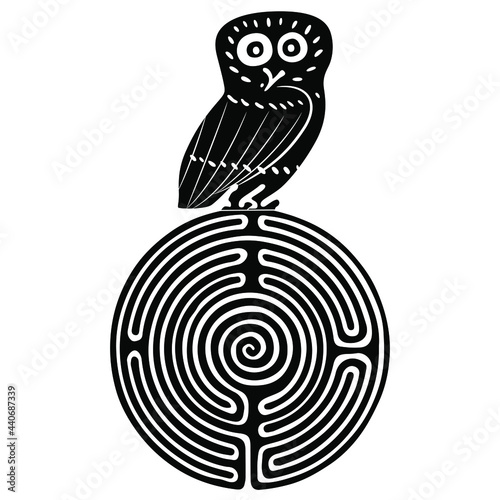 Ancient Greek owl perched on top of round spiral maze or labyrinth symbol. Black and white silhouette. Creative concept for knowledge and wisdom.