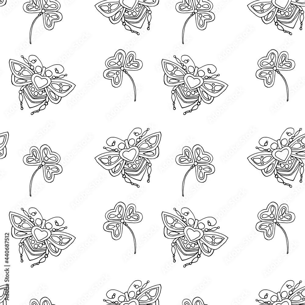 Seamless pattern in black and white with a flying bee and clover on a white background