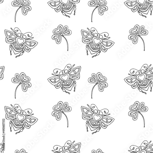 Fototapeta Naklejka Na Ścianę i Meble -  Seamless pattern in black and white with a flying bee and clover on a white background