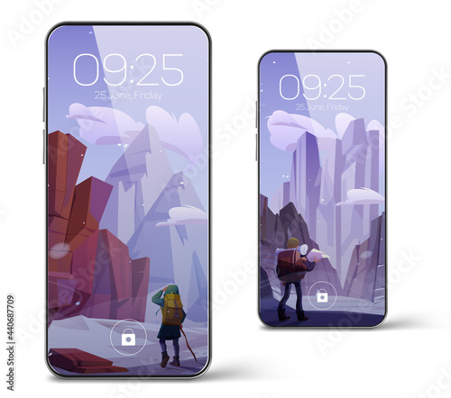 Smartphone with screensaver wallpaper with winter mountain landscape and hiker. Vector realistic set of mobile phones with cartoon background with rocks, snow and people with backpack