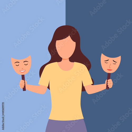 Woman with bipolar disorder symptom in flat design. Bipolar patient with mood swings sometimes in a good mood sometimes sad.