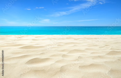 Tropical Sandy beach with blue sky background.