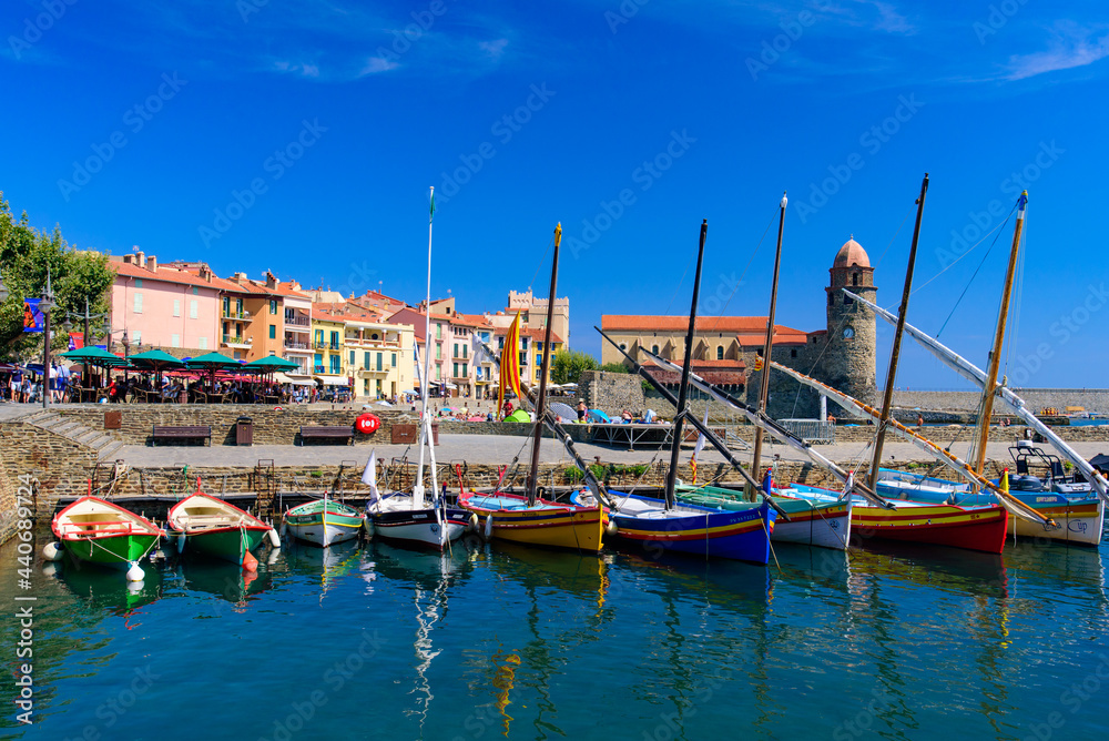 Boats at the harbor in the old town of Collioure, a seaside resort in Southern France
