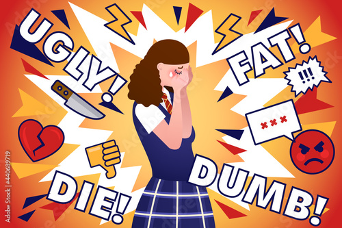 Teen school girl cries because cyberbullying, modern pop art illustration