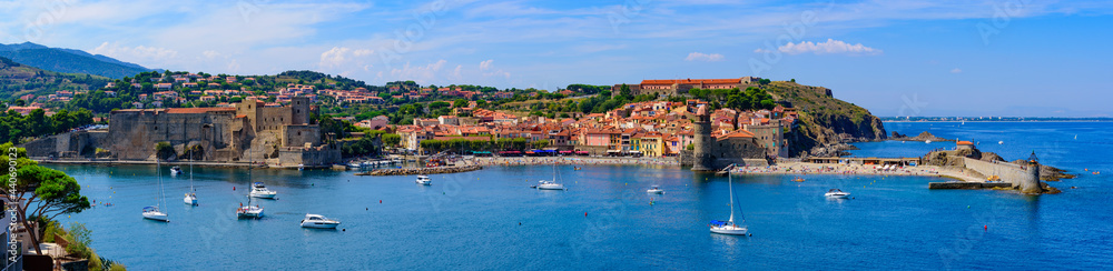 Panorama of the old town of Collioure, a seaside resort in Southern France