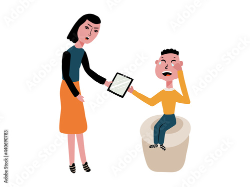 The mother took the tablet away from the child. The boy cries and does not want to give the gadget to his mom. Vector illustration in cartoon hand drawn style. Child gadget addiction concept.