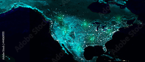 North American continent electric lights map at night. Satellite view. Global computers communication networking. Cyberspace
