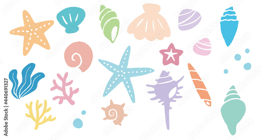 シンプルで可愛い海辺の装飾イラスト 貝殻 珊瑚 ヒトデ Stock Vektorgrafik Adobe Stock