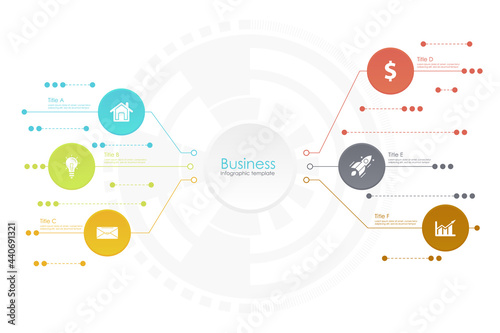 Business infographic process template with icons and 6 options or steps. Can be used for presentation, website, banner or diagram. Vector illustration.
