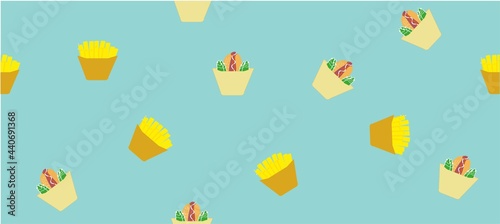 Seamless pattern with French fries and hot dogs, template for banner, fabric, poster, napkins, towels. The concept of National Hot Dog day. 