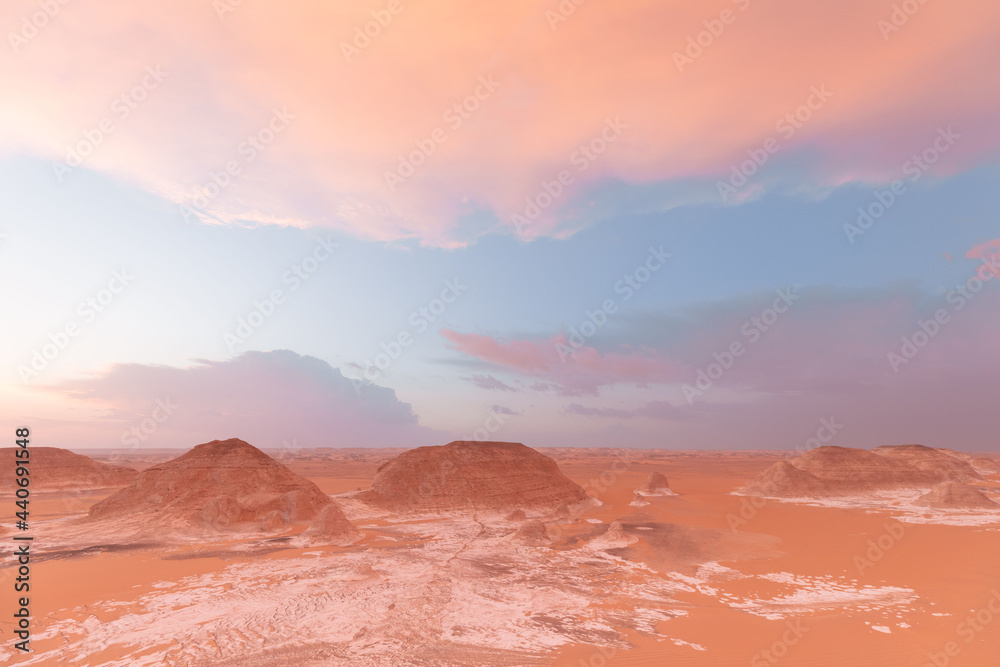 Red Desert at sunset time with blue and pink colors on the sky.