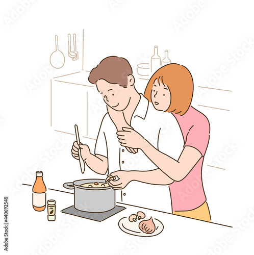 A woman is hugging a man who is cooking from behind. hand drawn style vector design illustrations. 