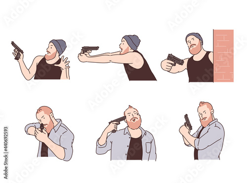 Various actions of a criminal with a gun. hand drawn style vector design illustrations. 