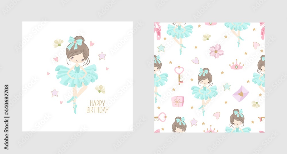 A set postcards Ballet for a Happy Birthday. Cute ballerinas, flowers, plants, patterns. Vector illustration.