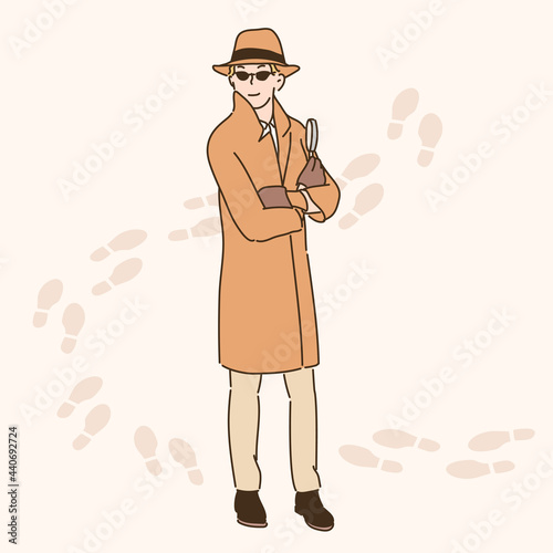 A detective wearing a coat and holding a magnifying glass. hand drawn style vector design illustrations. 