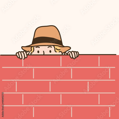The detective is hiding behind the wall and watching. hand drawn style vector design illustrations. 