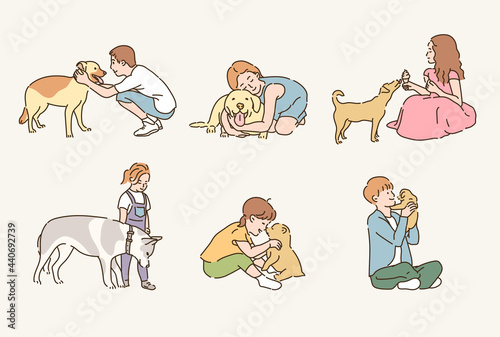 Cute kids and dogs. hand drawn style vector design illustrations. 