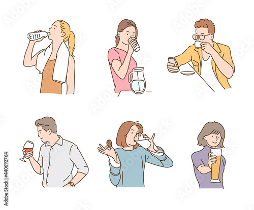People drinking different kinds of drinks. hand drawn style vector design illustrations. 