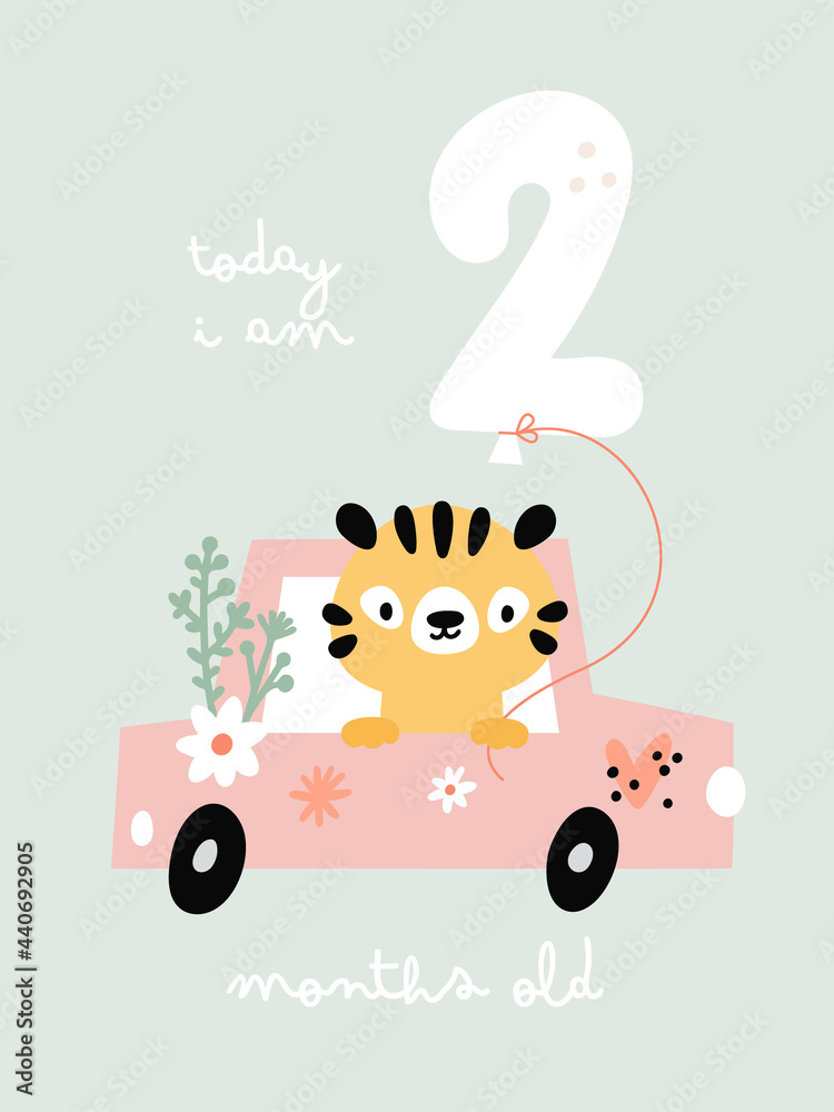 Baby milestone card with flowers and numbers for newborn girl or boy. 2 ...