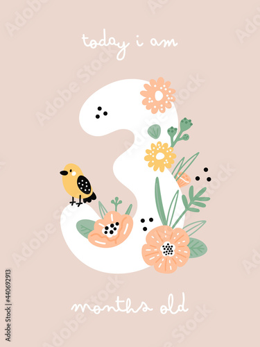 Baby milestone card with flowers and numbers for newborn girl or boy. 3 months. Baby shower print capturing the special moments. Baby 3 months anniversary card. Nursery print