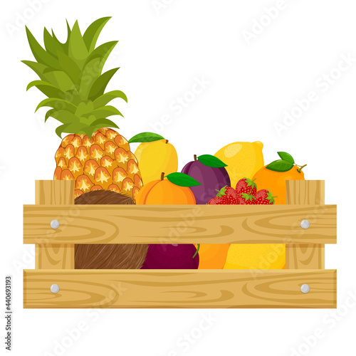 A wooden box full of various exotic fruits Template on the theme of farming, harvesting and selling fresh organic products. Vector illustration in cartoon style.