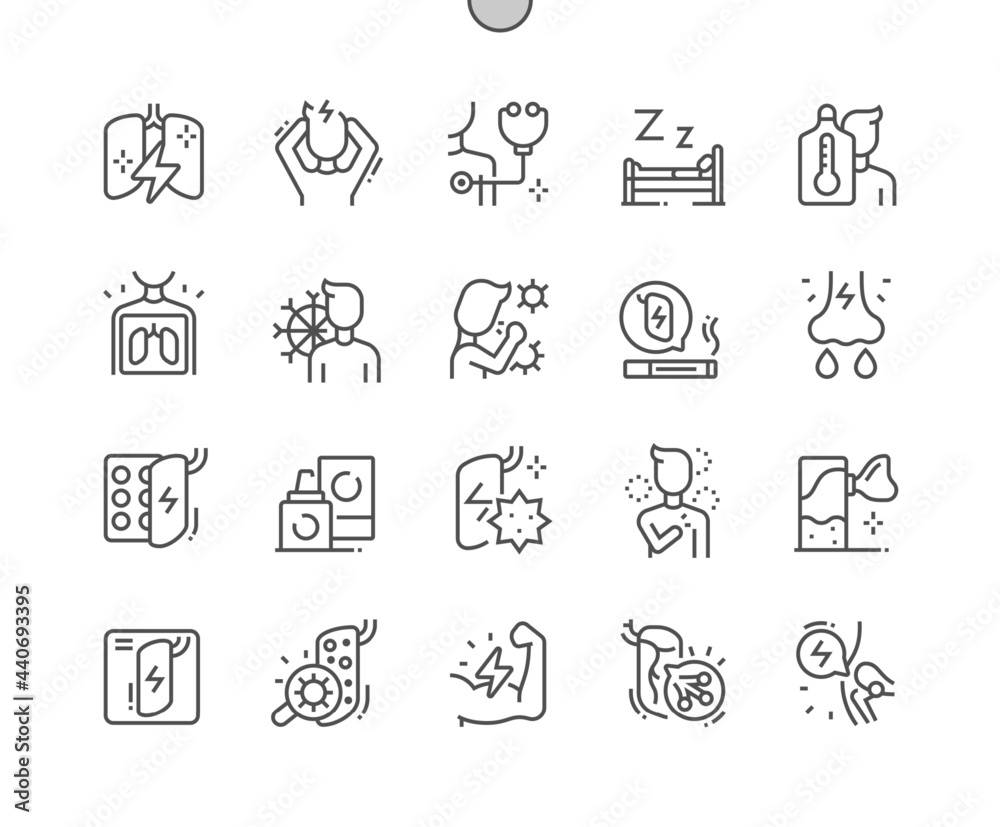 Bronchitis. Sick lungs. Headache and drowsiness. Runny nose. Health care, medical and medicine. Pixel Perfect Vector Thin Line Icons. Simple Minimal Pictogram