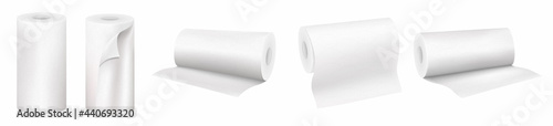Rolls of disposable paper towels in different positions, realistic 3D vector set isolated on white background. Assortment of toiletries. Disposable personal hygiene products.