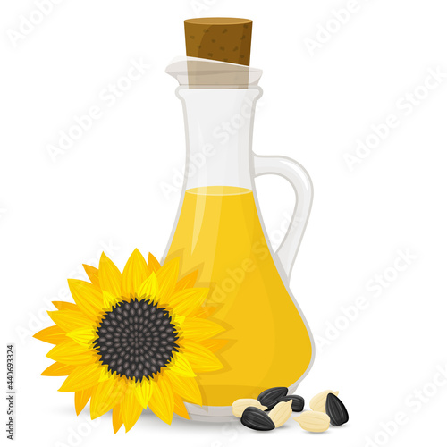 Sunflower seed oil in glass bottle, isolated on white. Vector illustration. Yellow flower in cartoon flat style.
