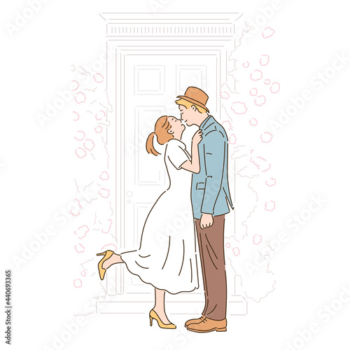 Beautiful couple kissing in romantic garden. hand drawn style vector design illustrations. 