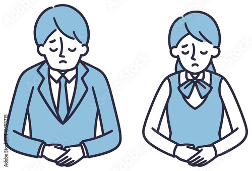 悲しい顔でお辞儀をする男女　シンプルイラスト