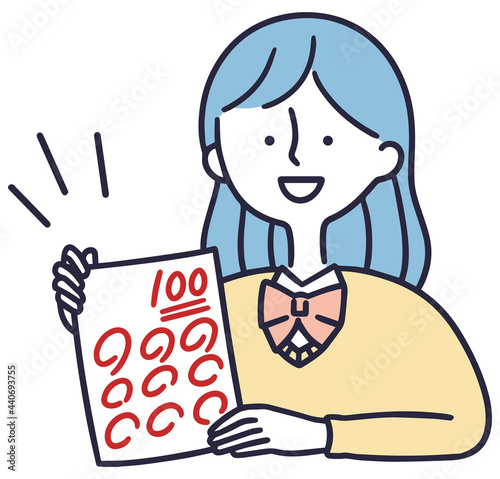 テスト　100点満点をとる笑顔の女子学生　シンプルイラスト