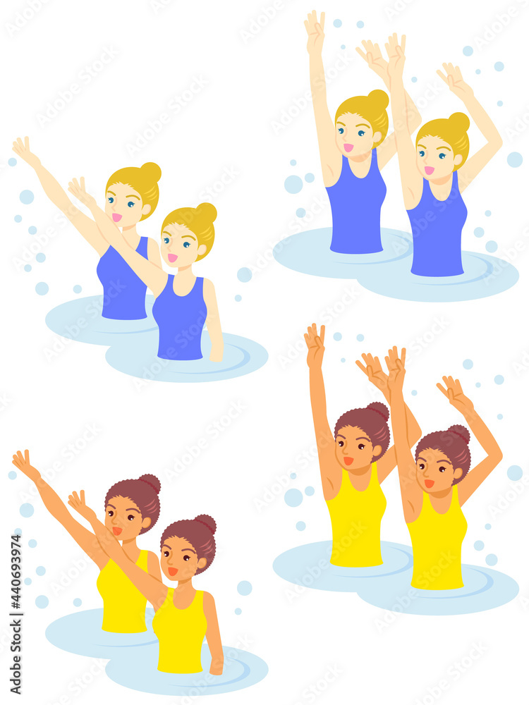 シンクロナイズドスイミングのイラストセット（白人・黒人）／synchronized Swimming Illustration Set 