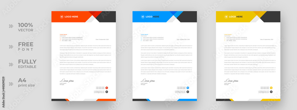 Fototapeta premium corporate modern letterhead design template with blue, yellow and orange color. creative modern letter head design template for your project. letterhead, letter head, simple letterhead design.