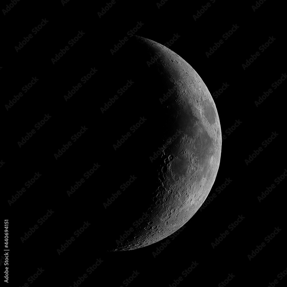 Waxing crescent Moon phase, isolated in the black space, taken with my telescope. Waxing crescent Moon phase, isolated in the black space, taken with my telescope.