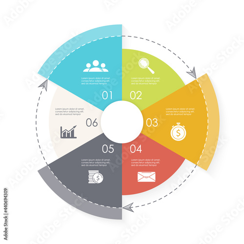 Vector circle infographic template with arrow for cycle diagram, graph, web design and charts. Business concept with 6 steps, parts or options. Abstract background.