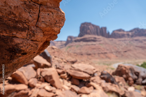 close up of desert rock with blurred background and room for text
