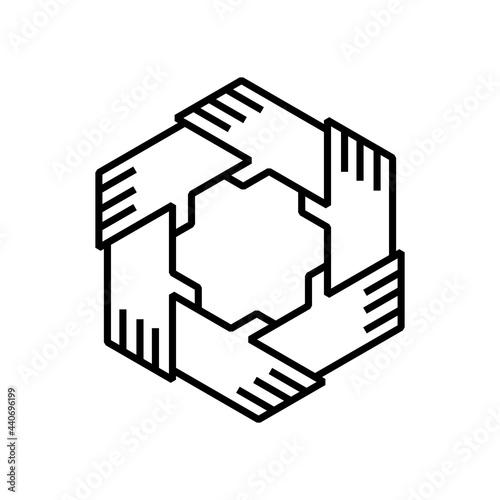 six hands holding tech other team work unity together logo vector icon illustration