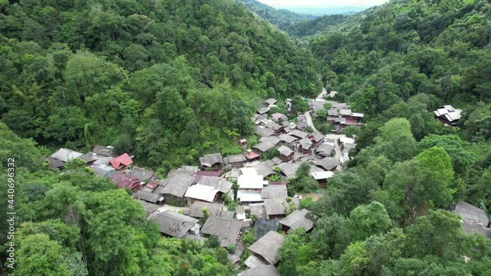 Aerial view of Mae kampong village,  Houses in valley, Chiang Mai, Thailand by drone