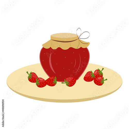 Strawberries and a jar of strawberry jam. Summer conservation. Vector illustration for design