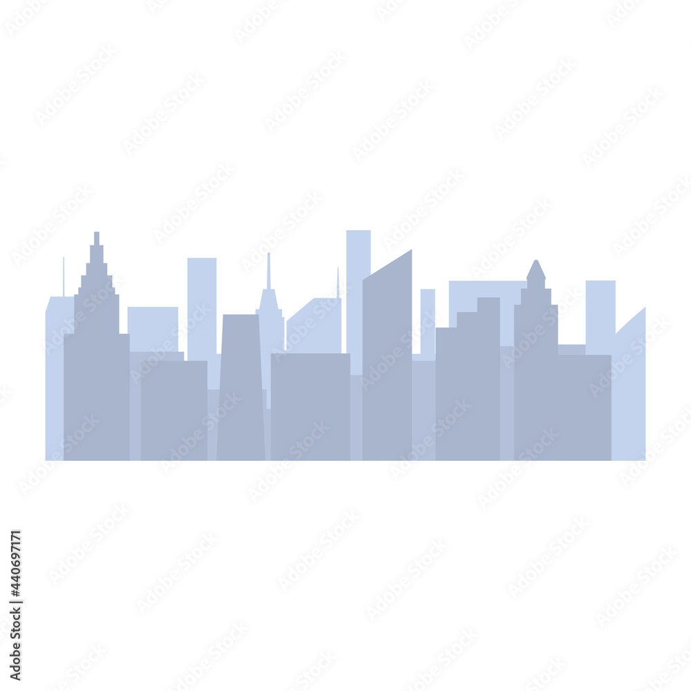 Flat vector illustration of urban city skyline with skyscrapers. Cityscape at daytime. Isolated on white background.