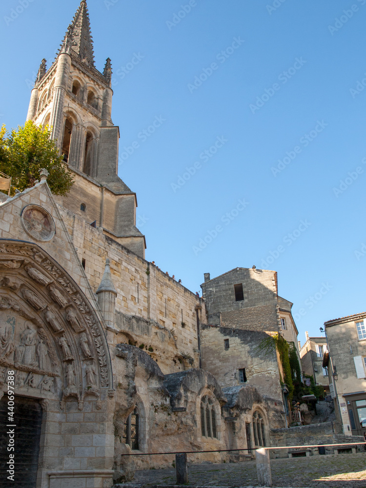  Monolithic Church and Bell tower in Saint Emilion. France.  St Emilion is French village famous for the excellent red wine.