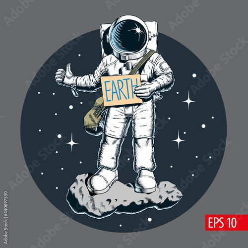 Astronaut standing on asteroid in outer space making hitchhiker's gesture and trying to get to Earth by hitchhiking. Comic style vector illustration.