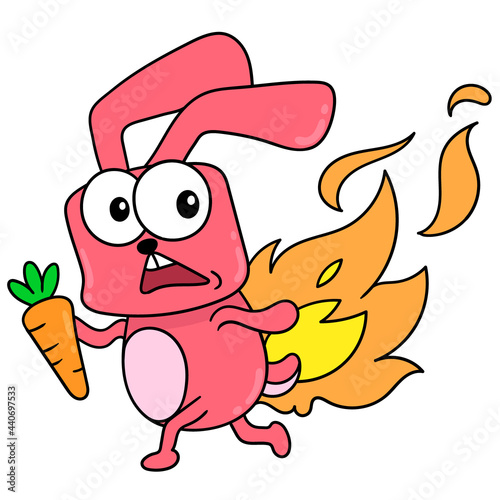 the rabbit is walking scared because its tail is on fire, doodle icon image kawaii