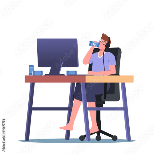Gamer Character Playing Video Game in Headphones Drinking Energy Beverage. Gaming Addiction, Bad Habit, Virtual Reality
