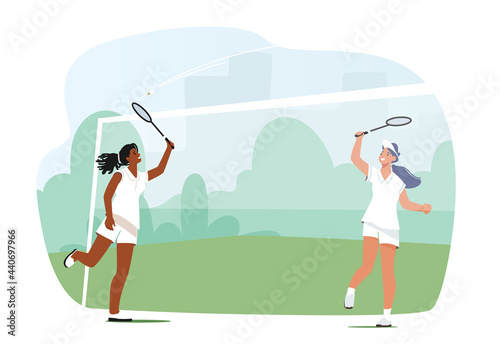 Girls Playing Badminton, Female Players Jumping Get Ready to Smash Shot, Young Women Hit Shuttle with Racket on Court