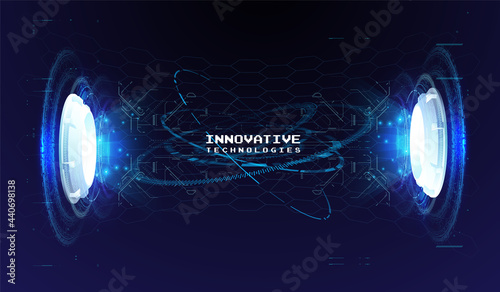 Vector show room HUD futuristic portal hologram. Magic circle teleport podium. Abstract hologram technology. Modern stage in cyberpunk style.