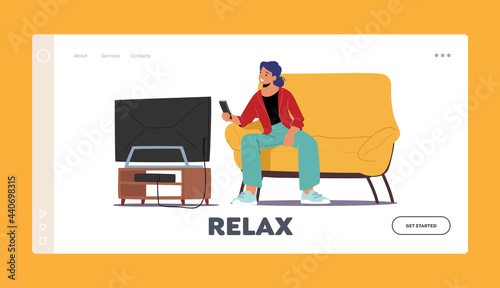 Relax Landing Page Template. Female Character Watching Tv Set. Young Woman with Remote Control in Hand Sitting on Couch